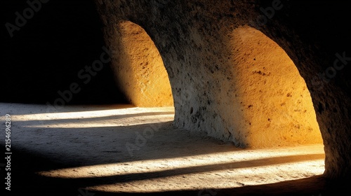 Sunlit Cave Entrance with Dramatic Shadows