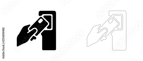 Hand tapping card on validator vector icon filled and outline, public transport payment and fare gate symbol.
