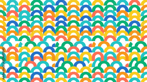 A vibrant pattern of colorful semicircles arranged in repeating rows