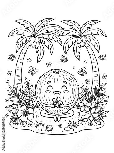 Cute Coconut Character Meditating on Tropical Island Coloring Page Vector Illustration