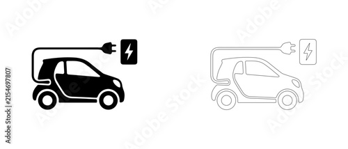 Electric car connected to charger vector icon filled and outline, EV charging station and eco transport symbol.