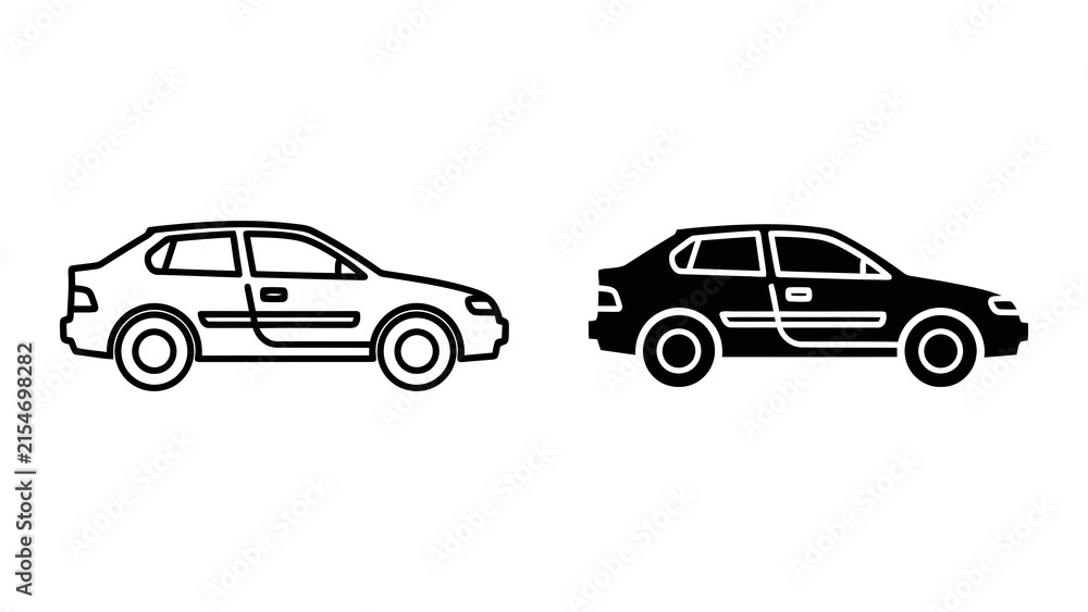 Fototapeta premium Sedan car side view icon in outline and solid vector design styles for transport
