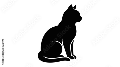 Black Cat Silhouette: A sleek black cat is depicted in a clean silhouette, seated elegantly and looking off to the side with poised grace.