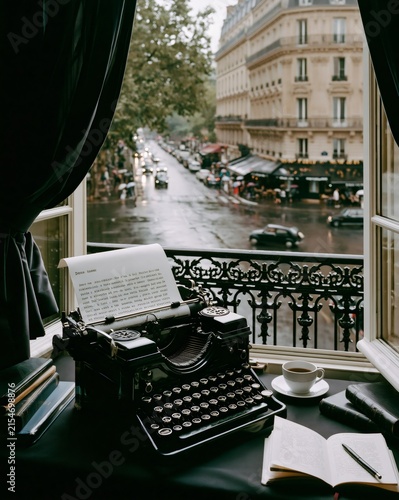 Vintage typewriter with open window overlooking rainy paris street