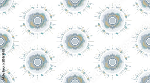 Abstract circular geometric patterns arranged in a repeating seamless design
