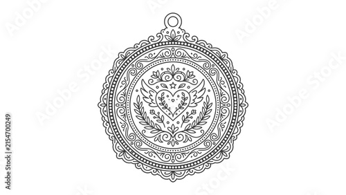 Ornate Heart Emblem: A black and white intricately designed circular emblem featuring a stylized heart with wings and floral accents, reminiscent of vintage adornment or symbolic artwork.