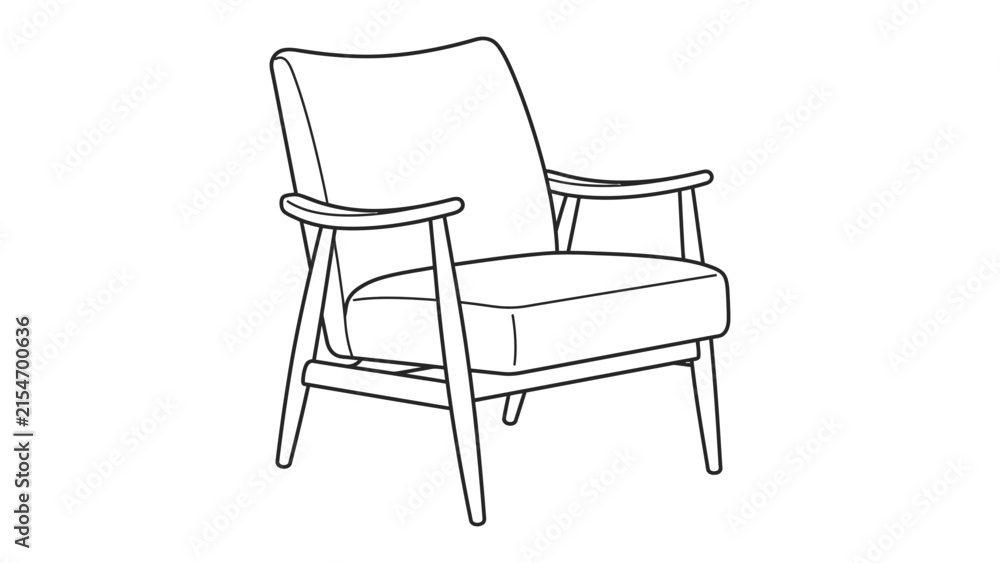 Fototapeta premium Modern Armchair Line Art: A minimalist line drawing depicts a sleek, modern armchair with elegant wooden frame and comfortable cushioned seat and back, perfect for contemporary interior design.