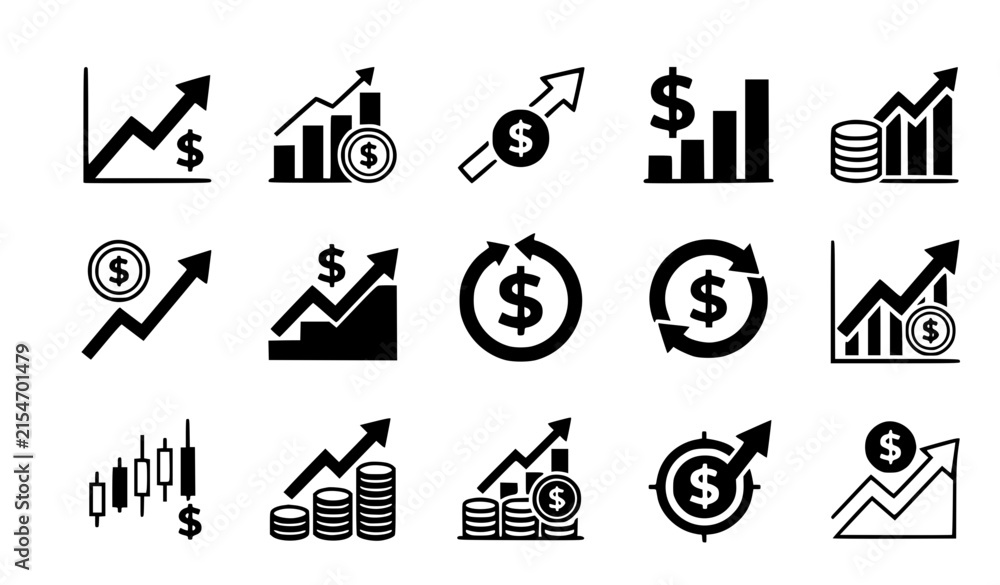 Fototapeta premium Money Growth Graph and Dollar Symbol Financial Vector Icon Collection