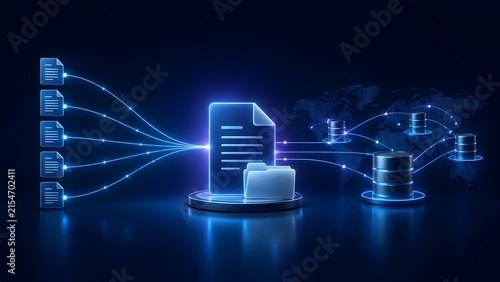 Global digital network map showing multiple document files transferring and syncing into a central 3D folder and server database.