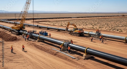 Industrial pipeline construction underway across arid terrain with heavy machinery and construction crew