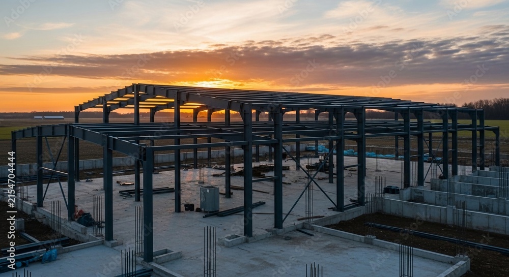 Obraz premium Industrial steel framework under a vibrant sunset at a construction site