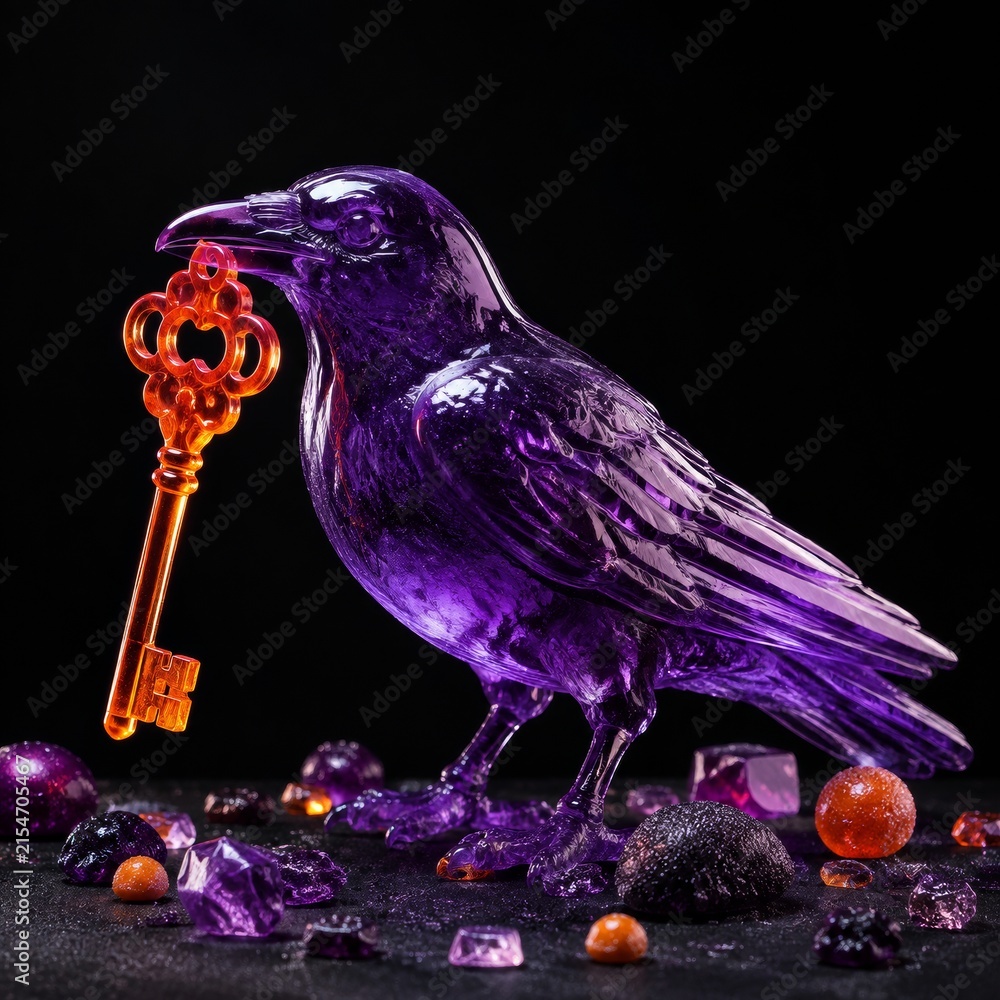 Naklejka premium Violet Gummy Crow Holding Orange Crystal Key
