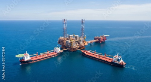 Massive offshore oil and gas production platform connected to ships in deep blue ocean