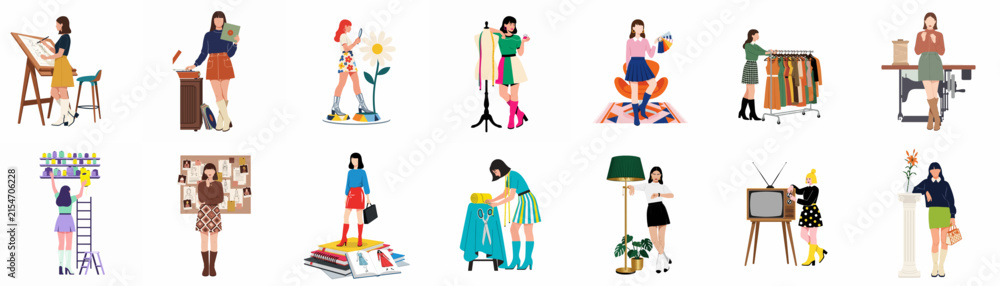 Fototapeta premium Set of Flat Vector Illustrations of Creative Young Women Engaged in Artistic and Lifestyle Activities Like Painting, Fashion Design, Photography, and Reading Isolated on White Background