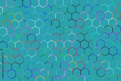 Colorful hexagon pattern with geometric shapes on blue background