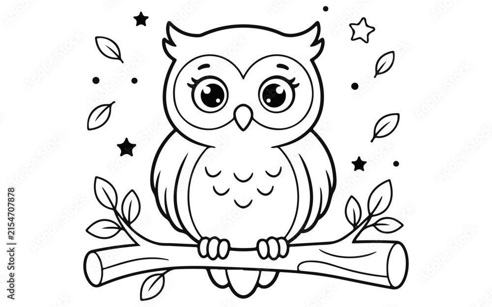 Fototapeta premium Cute cartoon owl sitting on a branch for a fun printable coloring page for children activity book