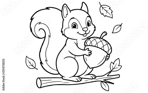 Cute cartoon squirrel holding a large acorn on a tree branch for a fun kids coloring page activity