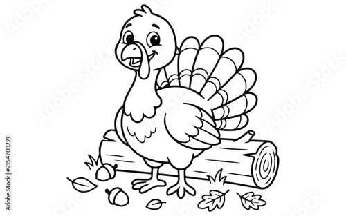 Cute cartoon turkey standing on a log for a fun thanksgiving themed coloring page for kids