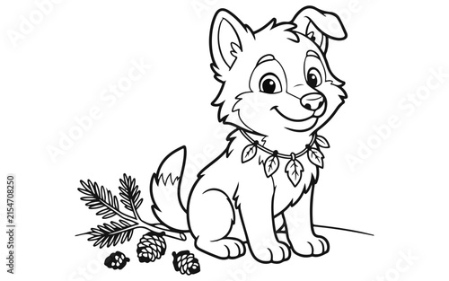 Cute cartoon puppy wearing a leaf necklace in a forest setting for a fun printable coloring page