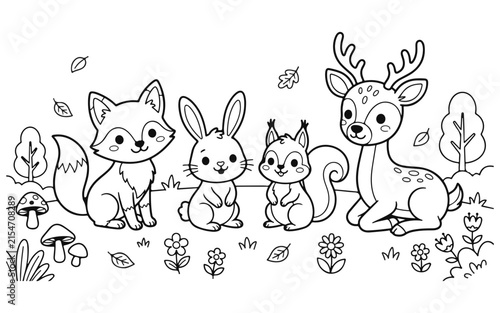 Cute woodland animals in a forest setting for a fun and creative kids coloring page activity sheet