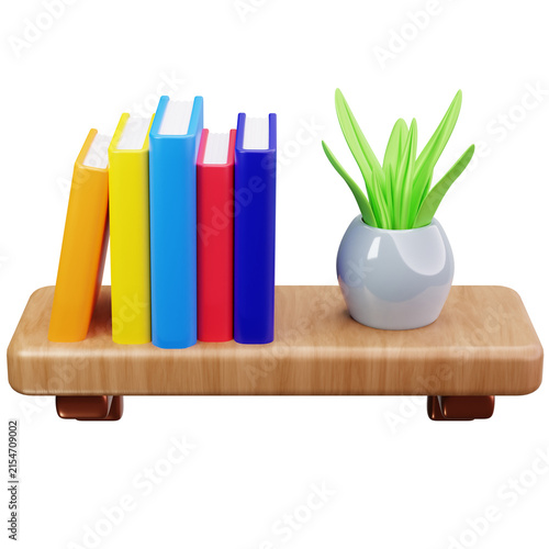 Wooden Shelf With Colorful Books And Plant 3D Illustrations