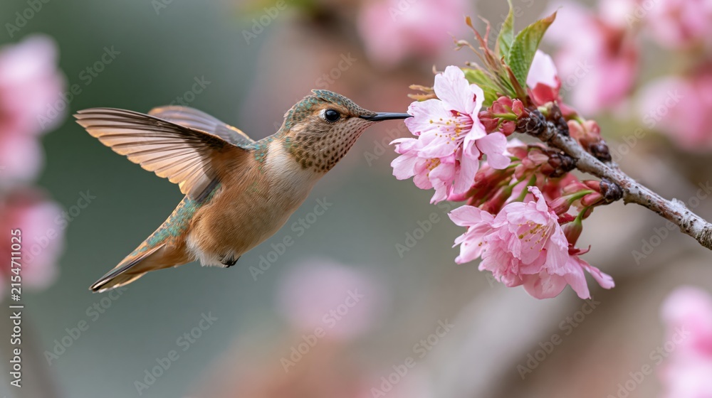Naklejka premium The Hummingbird in Flight Among Pink Cherry Blossoms and Delicate Petals