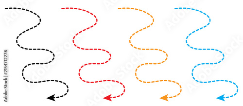 Fotografie Set of isolated hand-drawn dashed trajectory path arrows on a transparent background, creative dashed arrow vector design elements for flow and direction concepts