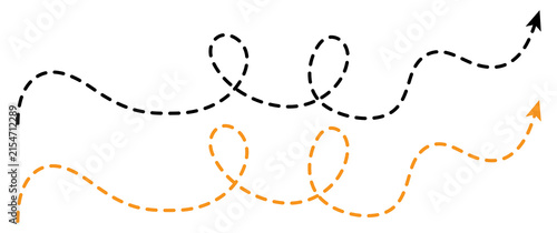 Photography Set of two hand-drawn black and yellow dashed arrow path lines, with loops isolated on a transparent background, vector illustration for your design projects