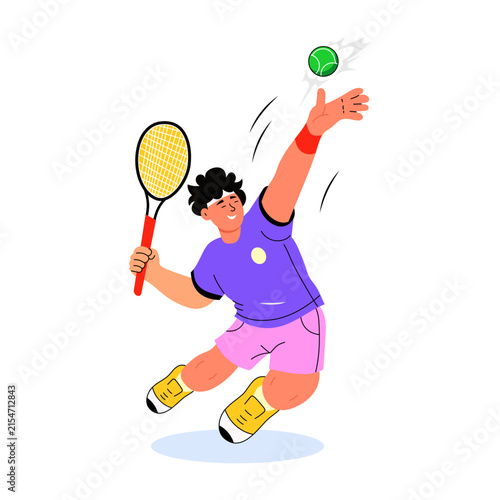A tennis player tosses a green ball overhead and swings the racket upward for a serve, shown in a stretched athletic pose with expressive motion details.