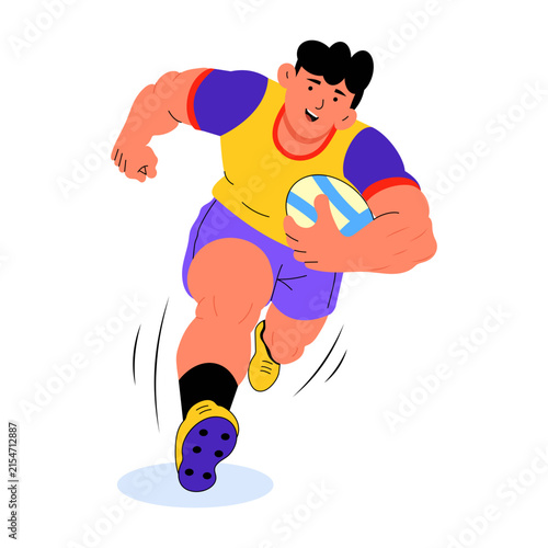 A rugby player runs powerfully with the ball secured in one arm, driving forward in a compact sprinting pose with bold motion lines and athletic energy.