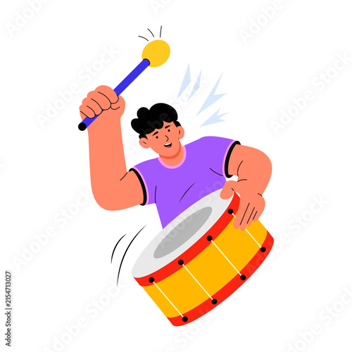 A sports supporter marches while playing a round drum with two mallets, shown in a lively forward step with bold colors and energetic performance movement.