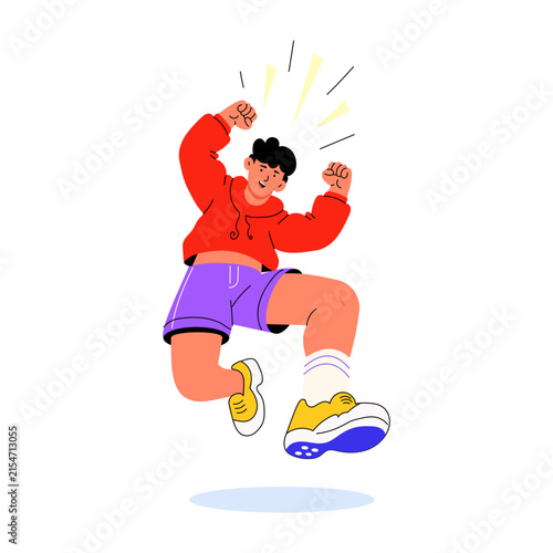 A soccer player celebrates with both arms lifted while a ball drops above the head, shown in a joyful jumping pose with energetic movement and impact marks.
