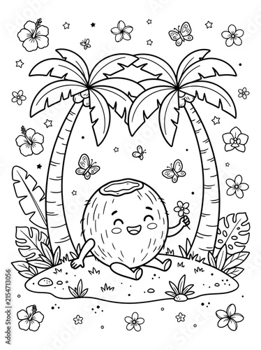 Cute Coconut Character Coloring Page with Tropical Palm Trees and Exotic Flowers