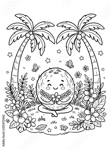 Cute cartoon coconut meditating on tropical island coloring page for kids and adults