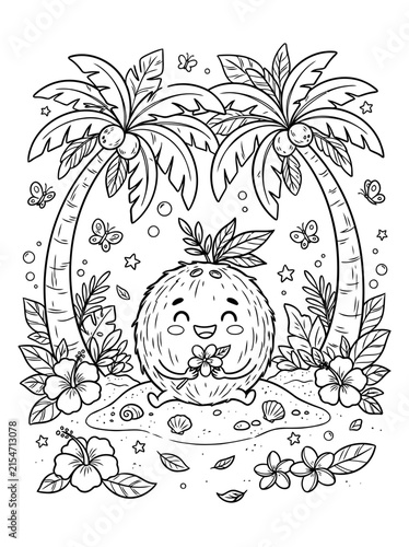 Cute Coconut Character Coloring Page with Tropical Palm Trees and Exotic Flowers