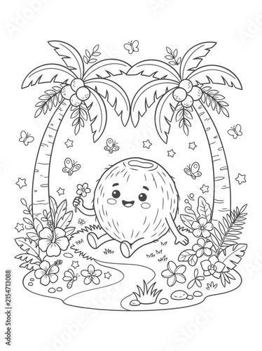 Cute Coconut Character Coloring Page for Kids with Tropical Palm Trees and Flowers