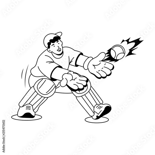 A cricket wicket keeper crouches beside the stumps with padded gloves extended, ready to catch a green ball in a focused defensive fielding position.