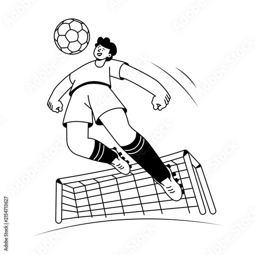A soccer player jumps forward to head a black and white ball, with knees bent and arms spread for balance as motion marks emphasize the aerial contact.