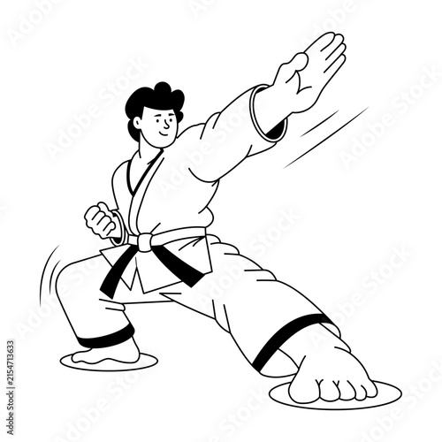 A karate practitioner performs a straight punching technique in a white uniform and belt, standing in a grounded stance with clear directional arm motion.