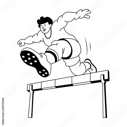 A track athlete leaps over a red and white hurdle with one leg extended forward, captured midair with trailing motion marks that highlight speed and agility.