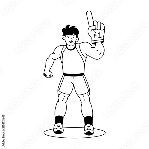 A sports fan stands cheering while holding a foam finger and wearing casual athletic clothing, shown with an upbeat pose and simple celebratory energy.