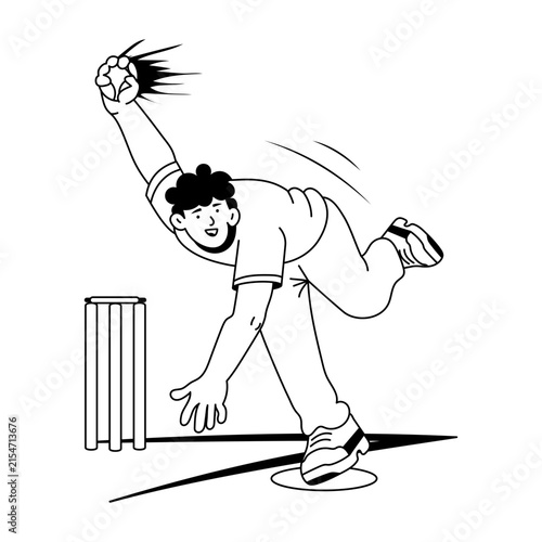 A cricket bowler releases a green ball beside the stumps, leaning into the delivery with one arm extended and motion cues emphasizing pace and follow-through.