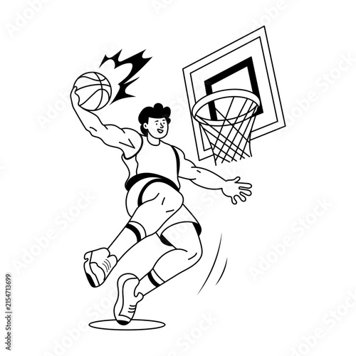 A basketball player rises toward the hoop for a one-handed dunk, holding the ball overhead while the bent legs and motion marks emphasize lift and power.