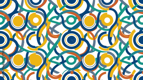 A vibrant pattern of colorful geometric circles and curved lines