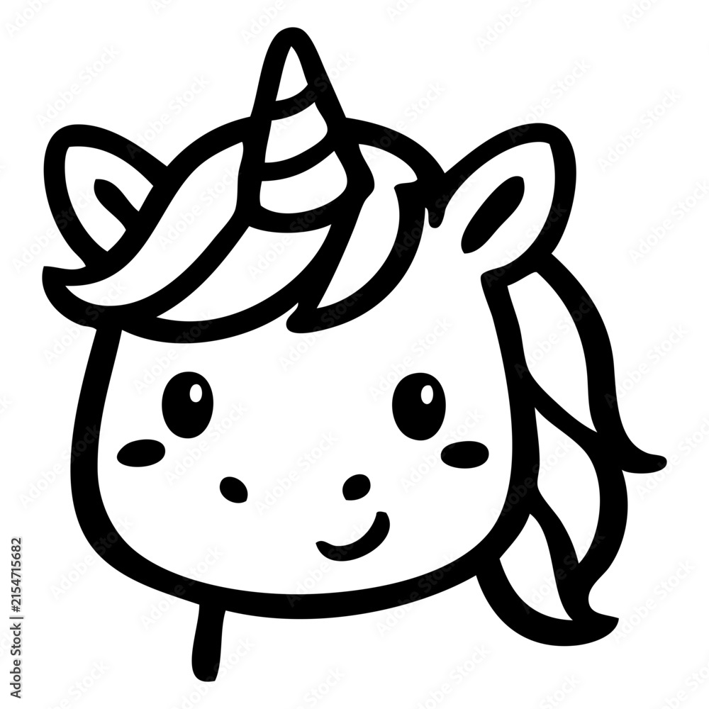 Fototapeta premium Icono con dibujo sencillo con líneas de la cabeza de un simpático unicornio infantil, mirando de frente