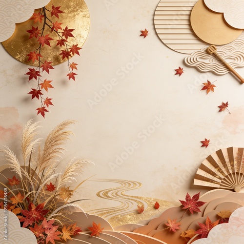 紅葉とススキと金箔の和モダンな秋フレーム背景素材