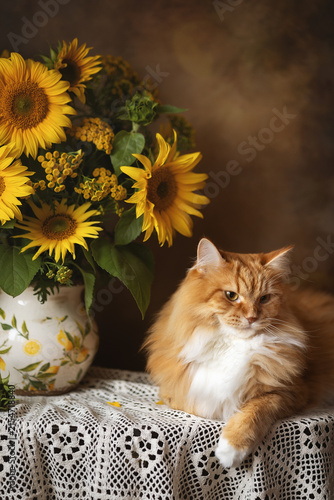 A photo of a beautiful ginger cat next to a bouquet of sunflowers.