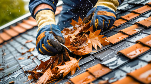 Close up of a technician's hands in gloves clearing wet leaves out of a roof tile gutter. House roofing maintenance, residential water drainage cleaning service.