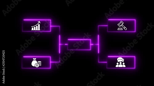 Glowing Neon Tech Flowchart Bracket Animation Neon Graphic Diagram Animation Showing Meta Concept with Business Icons Organization Chart Animation with Business Icons.