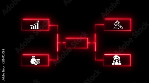 Glowing Neon AI Tech Flowchart Bracket Animation Neon Graphic Diagram Animation Showing Concept with Business Icons Organization Chart Animation with Business Icons.